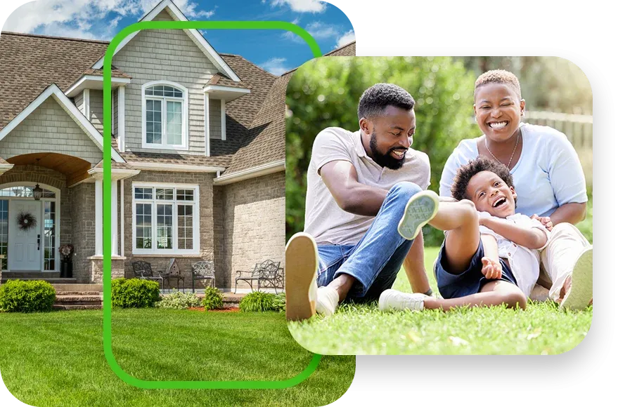 house and family on lawn laughing